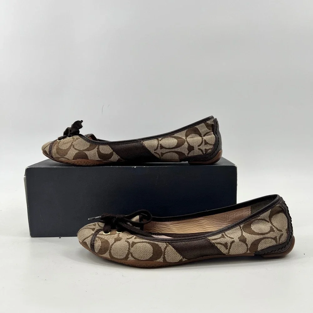 Y2K Coach Vintage Ballet Flats 7.5 Brown Monogram Lace Front Canvas Leather